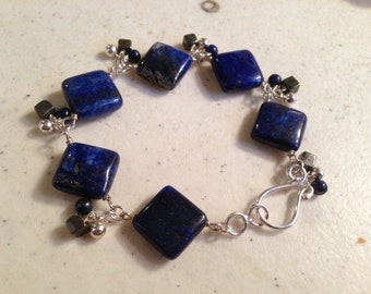 Lapis Armband - Marineblauer Schmuck - Pyrit Edelstein Schmuck - Sterling Silber - Mode - Unikat