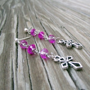 Cross Earrings Hot Pink Jewelry Silver Jewellery Crystal Religious Charm Fashion Style ER-64 image 5