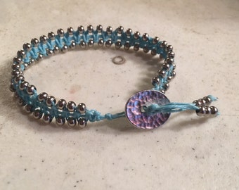 Turquoise Bracelet - Macrame Jewelry - Silver Seed Beads - Cord - Fashion - Trendy - Beaded - Silver Button