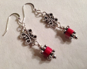 Red Earrings Filigree Jewelry Silver Jewellery Dangle Everyday Wood