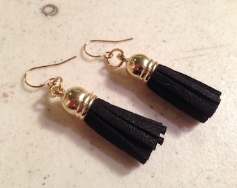 Pendientes negros - Joyería de borlas de cuero - Joyas de oro - Moda - Moda - Estilo