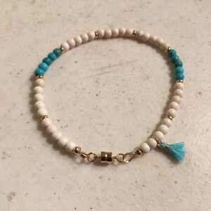 Turquoise Bracelet - Blue White Gemstone Jewelry - Gold Jewellery - Tassel Charm - Magnetic Clasp - Gift - Beaded - US Free Shipping