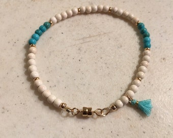 Turquoise Bracelet - White Gemstone Jewelry - Gold Jewellery - Fashion - Trendy - Tassel
