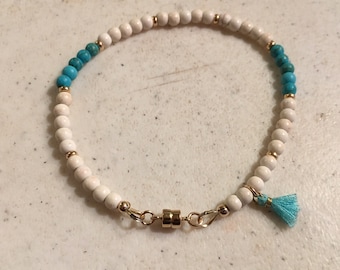 Turquoise Bracelet - Blue White Gemstone Jewelry - Gold Jewellery - Tassel Charm - Magnetic Clasp - Gift - Beaded - US Free Shipping