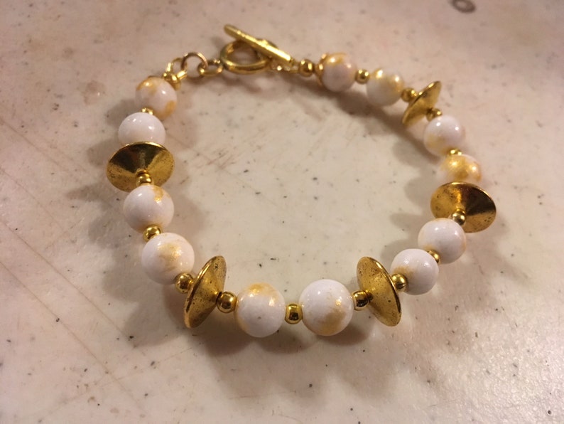 White Bracelet Gold Jewelry Jade Gemstone Jewellery Beaded Fashion Trendy Toggle Handmade Gift Luet image 1