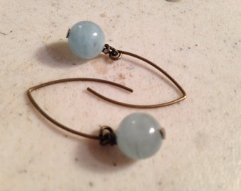 Aquamarine Earrings - March Birthstone Jewelry  - Brass Jewellery - Blue Natural Gemstone - Funky