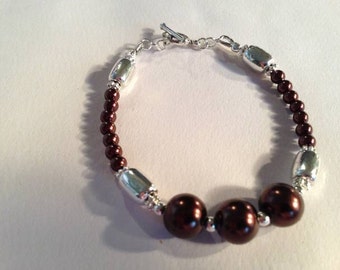 Brown Bracelet - Pearl Jewellery - Bridesmaid Jewelry - Silver - Beaded - Wedding - Earth Tones - Chunky - Elegant - Classic - Mod