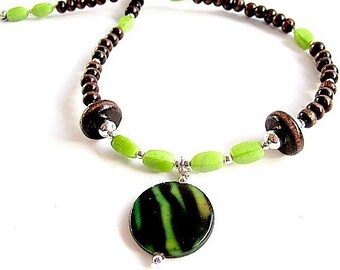 Brown and Lime Green Necklace Silver Jewelry Wood Bead Jewellery Shell Pendant Turquoise Gemstone Earthy Casual