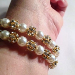 Pearl Bracelet - Wedding Jewelry - Crystal Yellow Gold Jewellery - Wrap Double Strand Bride Bridal Glam Gift