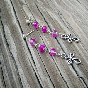 Cross Earrings Hot Pink Jewelry Silver Jewellery Crystal Religious Charm Fashion Style ER-64 image 1