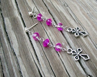 Cross Earrings - Hot Pink Jewelry - Silver Jewellery - Crystal - Religious Charm - Fashion - Style ER-64