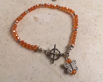 Orange Crystal Bracelet - UT Longhorn Jewelry - Silver Jewellery - Butterfly Charm - Fashion - Trendy