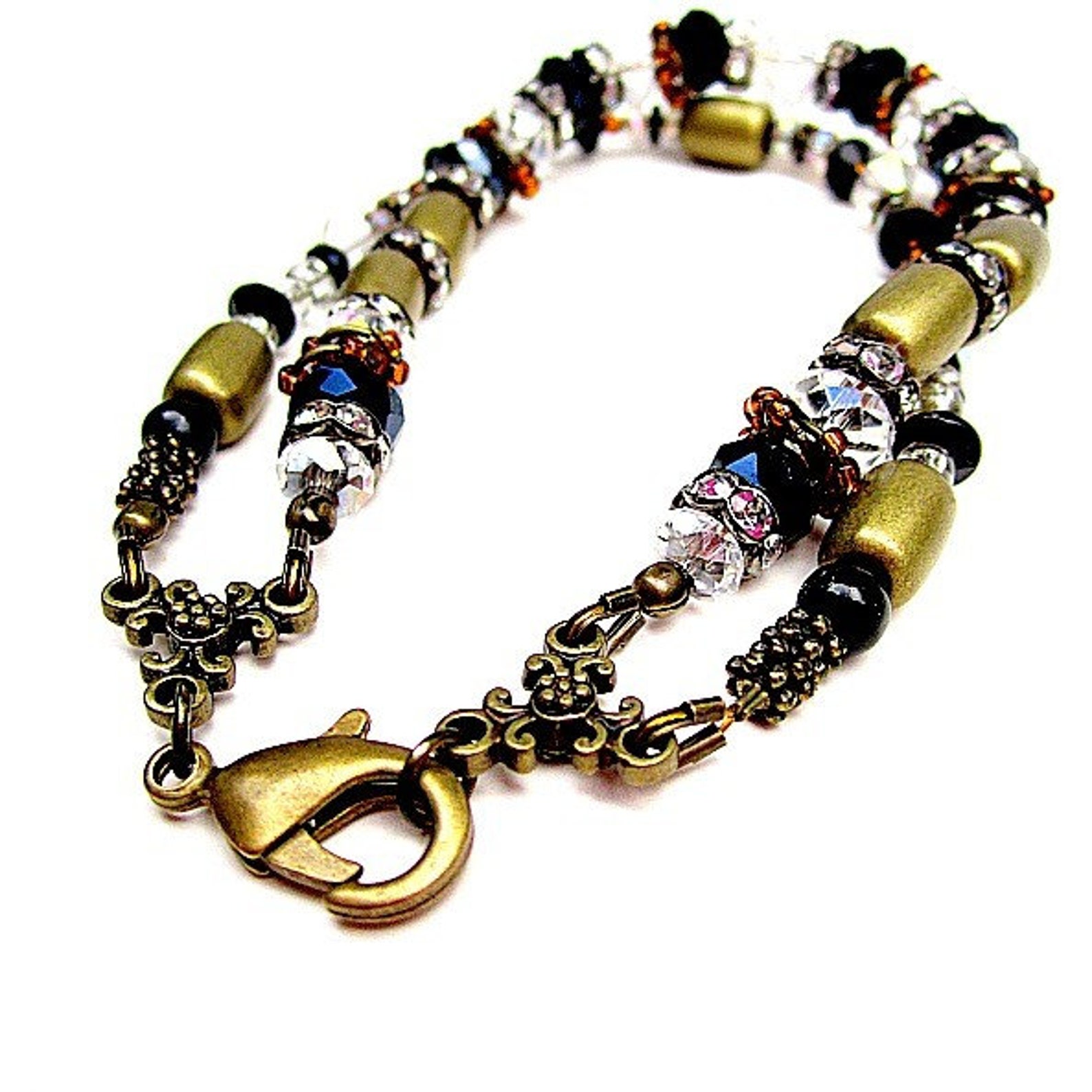 Black Bracelet Mixed Metal Jewelry Crystal Jewellery Etsy