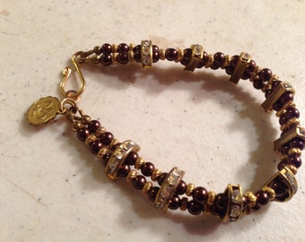 Pearl Bracelet - Gold Jewelry - Brown Jewellery - Fashion - Fleur de Lys Charm - Crystal Connectors