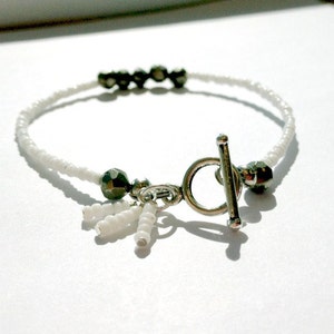 Pyrite Bracelet - White Jewelry - Silver Jewellery - Thin - Skinny - Stack - Layer - Mixed Metal - Gemstone - Fools Gold  B-84