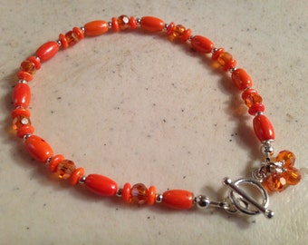 Orange Bracelet - Sterling Silver Jewelry - Beaded Jewellery - Crystal - Fashion - Dainty