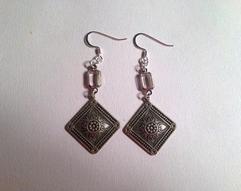 Silver Earrings - Crystal Jewelry - Etched - Dangle Jewellery - Everyday