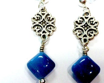 Blue Earrings - Silver Filigree Jewelry - Agate Gemstone Jewellery - Fashion - Everyday