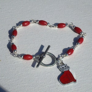 Red Bracelet Cat Charm Jewellery Silver Jewelry White Fashion Wire Wrapped Wood B-82 image 2