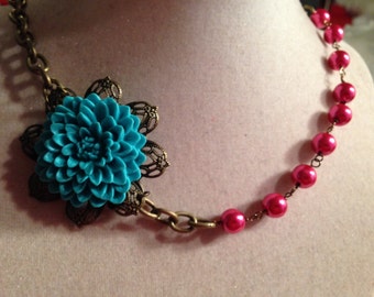 Statement necklace - Pink & Teal Jewelry - Flower Pendant Jewellery - Brass Chain - Funky - Mod - Boho