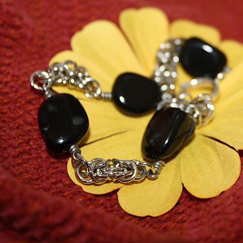 Black Bracelet Silver Chainmaille Jewelry Unique Handcrafted Jewellery