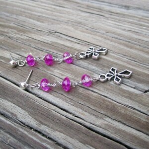 Cross Earrings Hot Pink Jewelry Silver Jewellery Crystal Religious Charm Fashion Style ER-64 image 2