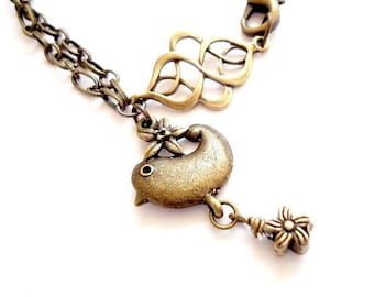 Brass Chain Bracelet - Bridesmaid Jewelry - Bird Flower Charm Jewellery - Everyday - Unique