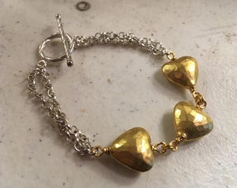 Gold Heart Bracelet - Silver Chain Jewelry - Mixed Metal Jewellery - Fashion - Charm