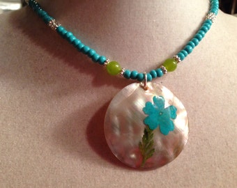 Turquoise Necklace - Turquoise Jewelry - Silver Jewelry - Pendant Jewellery - Fashion - Beaded - Flower - Green Jade Gemstone