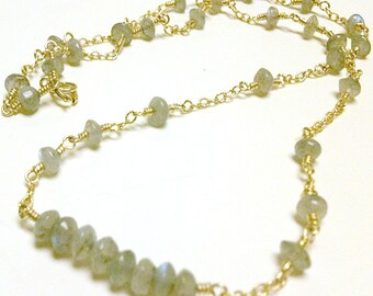 Gray Labradorite Necklace Bead Bar Gold Vermeil Jewelry Grey Jewellery Natural Gemstone Women Wire Wrapped Dainty