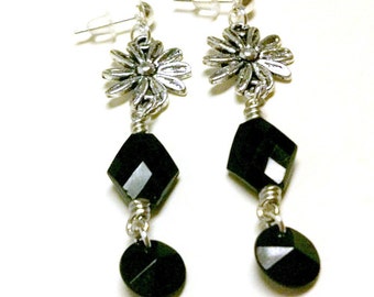 Black Earrings - Silver Flower Jewellery - Bridesmaid Jewelry - Wedding - Fashion