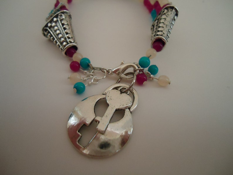 Multicolor Jade Bracelet Customized Gemstone Beaded Jewelry Pink Turquoise White Jade Gemstone Jewellery Lock and Key Valentine Love image 2