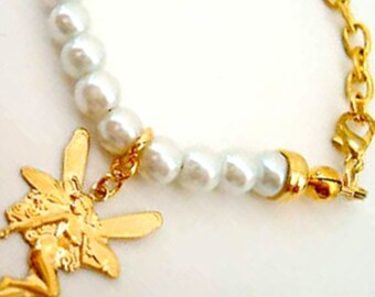 Pearl Bracelet - Gold Fairy Charm - Wedding Jewelry - June Birthstone Jewellery B-85