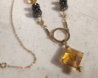 Yellow Necklace - Crystal Jewelry - Hematite Gemstone Jewellery - Gold Chain - Wire Wrapped - Handmade - Gray - Gift - Luet - Pendant