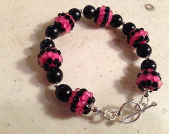 Hot Pink Bracelet - Black Jewelry - Sterling Silver Jewelry - Beaded Jewellery - Fashion - Trendy - Chic