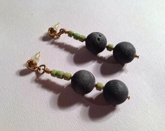 Black Earrings - Green Jewelry - Gold Jewellery -  Lava Bead Gemstone - Wood - Unique - Funky