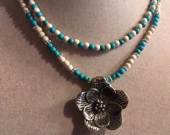 Turquoise Necklace - Multistrand - Flower Pendant - White Gemstone Jewelry - Silver Jewellery - Fashion