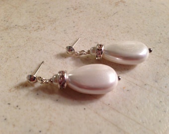 Pearl Earrings - June Birthstone - Wedding Earrings - White Jewelry - Silver Jewellery - Crystal - Dangle - Glam