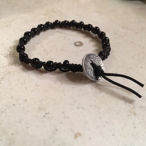 Black Bracelet - Macrame Jewelry - Black Seed Beads - Cord - Fashion - Trendy - Beaded - Silver Button