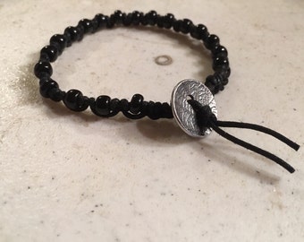 Black Bracelet - Macrame Jewelry - Black Seed Beads - Cord - Fashion - Trendy - Beaded - Silver Button