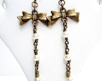 Pearl Earrings - White Jewelry - June Birthstone - Brass - Bow Jewellery - Dainty - Dangle