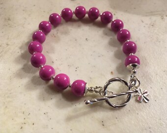 Magenta armband - zilveren sieraden - roze kralen sieraden - mode - trendy - klaver charme - toggle - cadeau - Luet