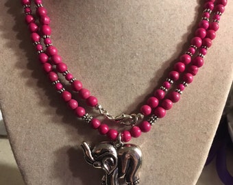 Pink Necklace - Turquoise Jewelry - Silver Jewelry - Gemstone Jewellery - Elephant Pendant - Long