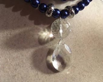 Navy Blue Necklace - Beaded Jewelry - Silver Jewellery - Long - Clear Crystal Pendant - Handmade - Gift - Luet