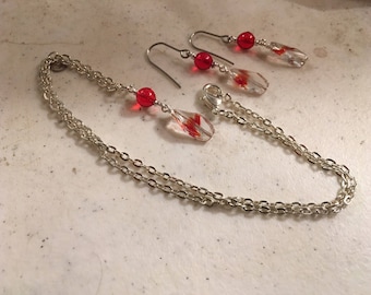 Red Necklace - Jewelry Set - Earrings - Silver Jewellery - Pendant - Chain