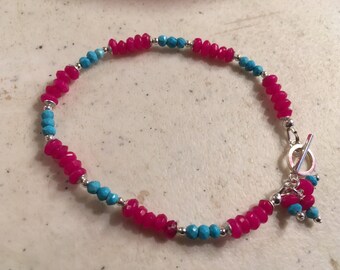 Turquoise Bracelet - Hot Pink Jade Jewelry - Sterling Silver Jewellery - Gemstone - Dainty - Beaded