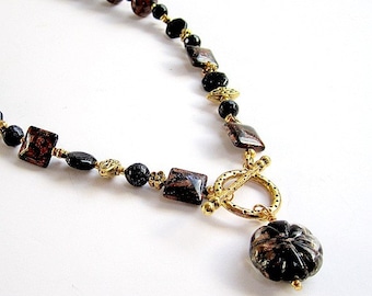 Navy Blue and Brown Necklace - Gold Jewelry - Goldstone Gemstone Jewellery - Pendant - Beaded - Fashion - Unique  N-50