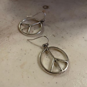 Peace Sign Earrings Silver Jewelry Everyday Jewellery Dangle Pierced Symbol Round image 1