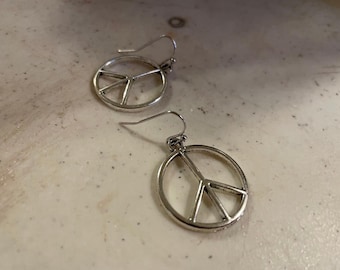 Peace Sign Earrings - Silver Jewelry - Everyday Jewellery - Dangle - Pierced - Symbol - Round