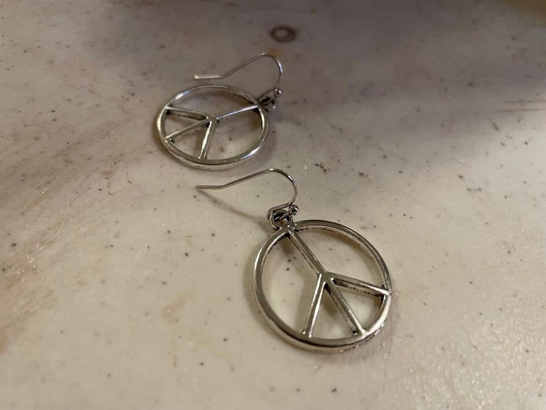 Peace Sign Earrings Silver Jewelry Everyday Jewellery Dangle Pierced Symbol Round image 1